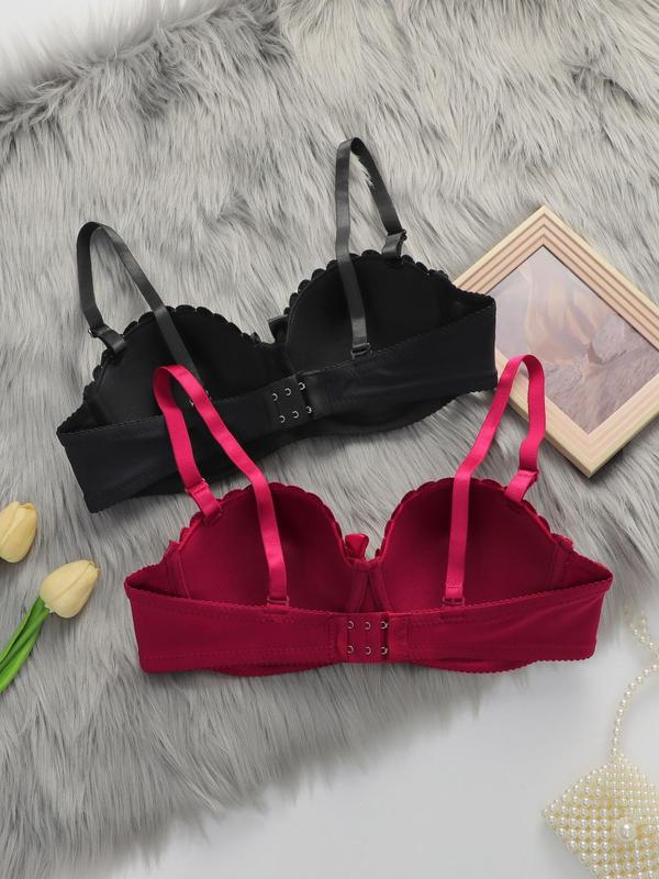 Women's Bow Front Contrast Lace Underwire Bra, Plain Adjustable Strap Push Up Bra, Soft Comfortable Lingerie for Women